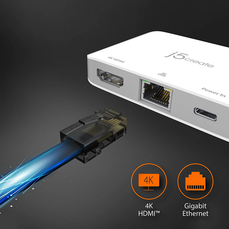 j5create JCA351USB - Cto 4K HDMI Ethernet Adapter - DokkanTech Network adapter with Ethernet cable on a dark background, featuring 4K HDMI and Gigabit Ethernet icons.