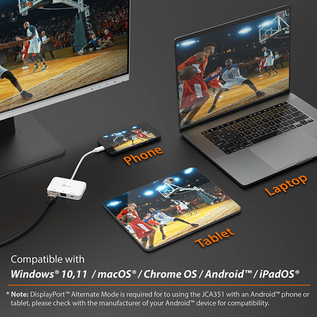 j5create JCA351USB - Cto 4K HDMI Ethernet Adapter - DokkanTech A white DisplayPort alternate mode hub shown connecting a laptop, phone, and tablet on a dark desk, with basketball game content displayed on the screens and compatibility text for Windows, macOS, Chrome OS, Android, and iPadOS.