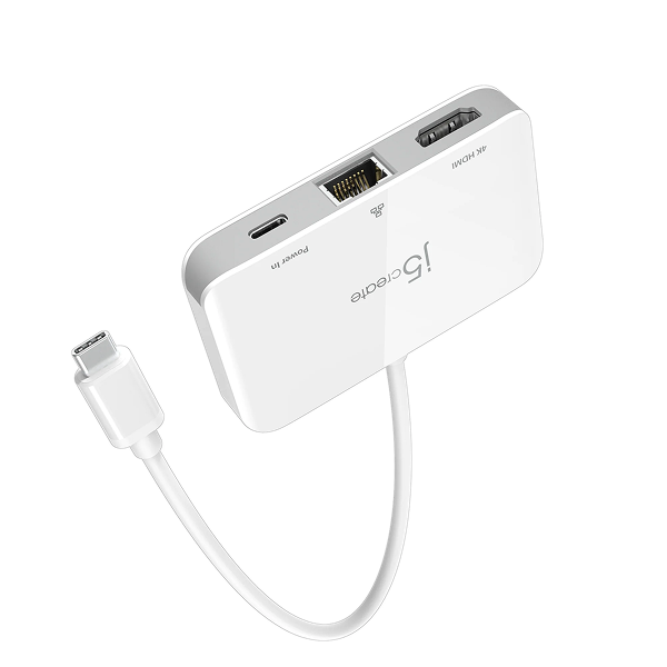 j5create JCA351USB - Cto 4K HDMI Ethernet Adapter - DokkanTech A white USB-C to HDMI adapter cable with a USB-C connector on one end and an RJ45 Ethernet port and HDMI output on the other, shown on a clean white background.