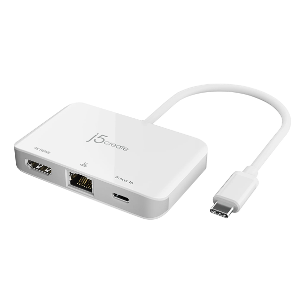 j5create JCA351USB - Cto 4K HDMI Ethernet Adapter - DokkanTech White USB hub with multiple ports on a white background
