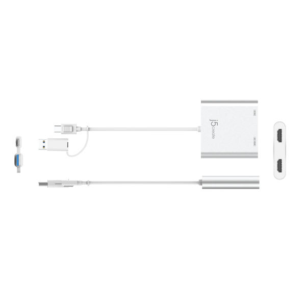 White J5 Power USB-C to VGA adapter with a multi-port hub, shown with its cables and connectors on a plain white background.