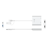 White J5 Power USB-C to VGA adapter with a multi-port hub, shown with its cables and connectors on a plain white background.