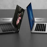 Two laptops side by side, one with Windows logo and the other with macOS logo, on a gray surface.