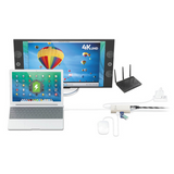 A computer monitor setup on a white background, including a laptop, a desktop monitor displaying 4K UHD wallpaper, a black wireless router, a power adapter, and cables.