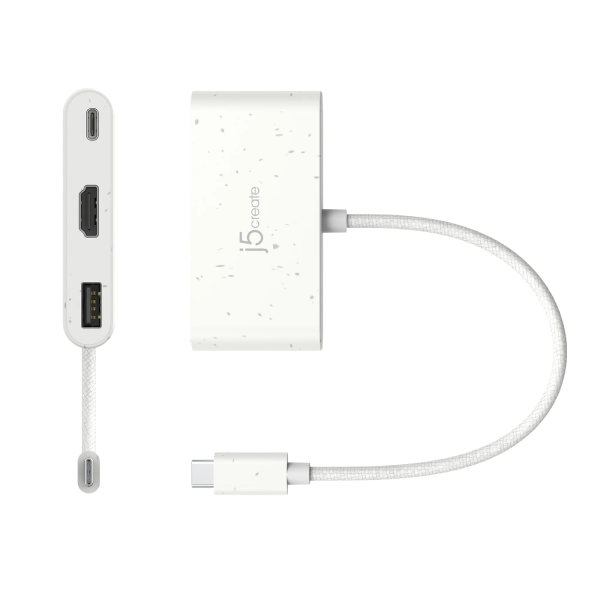A white speckled USB-C to HDMI adapter with a braided cable, shown from both front and side angles on a plain white background.