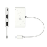 A white speckled USB-C to HDMI adapter with a braided cable, shown from both front and side angles on a plain white background.