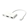 A white USB-C to HDMI and USB-A adapter cable with a textured white fabric cord, shown on a plain white background.