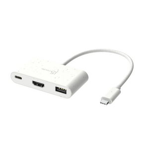 A white USB-C to HDMI and USB-A adapter cable with a textured white fabric cord, shown on a plain white background.