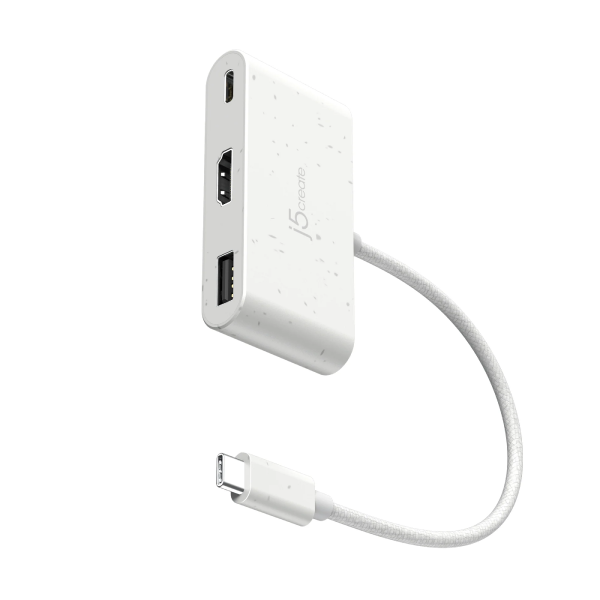 A white 3-in-1 USB-C hub adapter with a speckled finish, featuring a built-in cable and ports for USB-C, HDMI, and USB 3.0, shown on a solid white background.