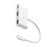 A white 3-in-1 USB-C hub adapter with a speckled finish, featuring a built-in cable and ports for USB-C, HDMI, and USB 3.0, shown on a solid white background.