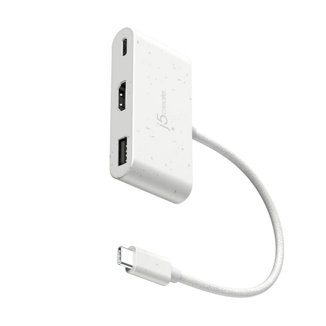 A white 3-in-1 USB-C hub adapter with a speckled finish, featuring a built-in cable and ports for USB-C, HDMI, and USB 3.0, shown on a solid white background.