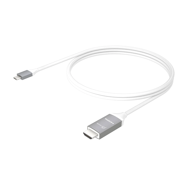 j5create JCC153G USB-C to 4K HDMI Cable - DokkanTech  A white USB-C to HDMI cable coiled on a plain white background, with a silver-toned USB-C connector on one end and a silver-toned HDMI connector on the other.