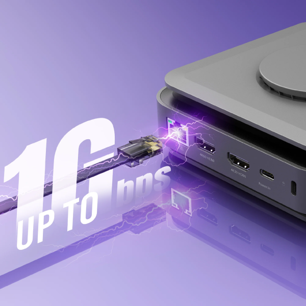 Electronic device with USB cable and '1Gbps' text on a purple background