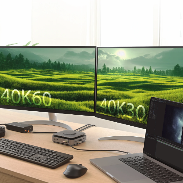 A dual-monitor desktop setup on a light wood desk, showing a bright green field landscape on both screens with overlaid text reading 40K60 and 40K30. A laptop, keyboard, mouse, and small external drive are arranged in front, with a bright window background.