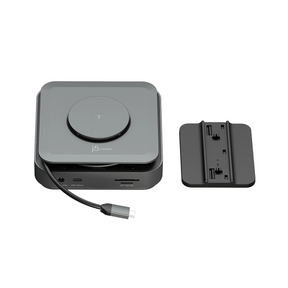 A dark gray J7PRO smart device with a circular top button and a connected cable, shown next to its black mounting bracket on a solid white background.