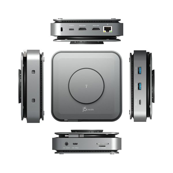 A compact square electronic device shown from multiple angles on a plain white background. The center view shows a dark gray front with a circular button and the visible brand name 'iJoco'.