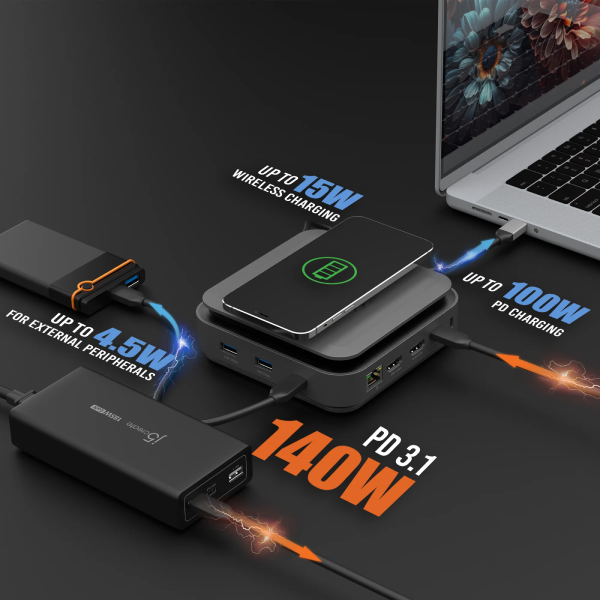 Multiple electronic devices with charging capabilities on a dark background