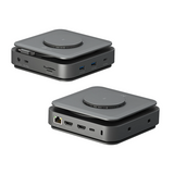 Two gray electronic devices with various ports on a white background