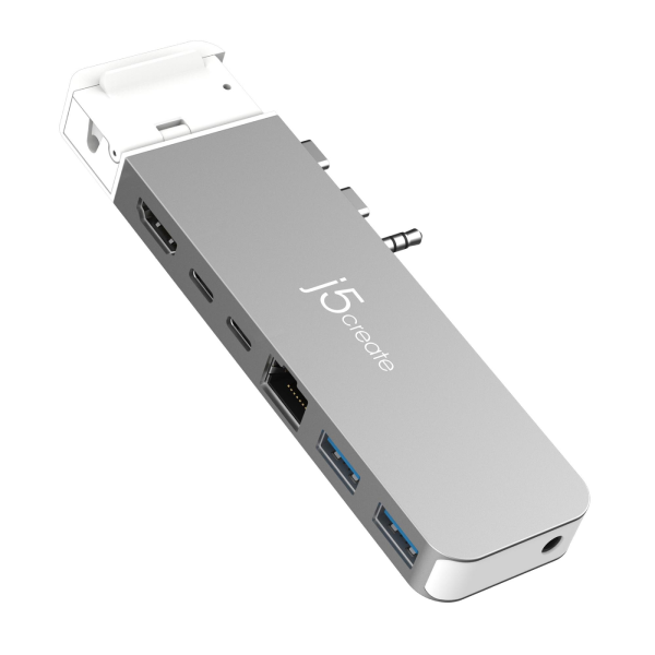 Silver USB hub with multiple ports on a white background