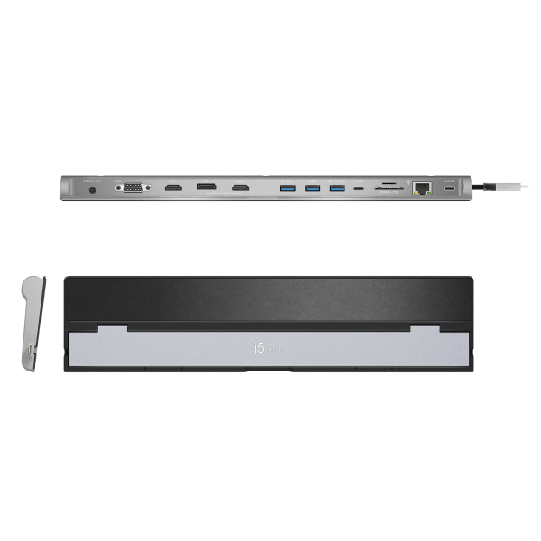A 7-in-1 multi-port USB-C hub shown from the side and top views on a plain white background. The top view displays various ports including USB-A, USB-C, HDMI, and Ethernet, while the side view shows the front panel with a silver and black design and a small silver accessory piece on the left.