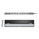 A 7-in-1 multi-port USB-C hub shown from the side and top views on a plain white background. The top view displays various ports including USB-A, USB-C, HDMI, and Ethernet, while the side view shows the front panel with a silver and black design and a small silver accessory piece on the left.