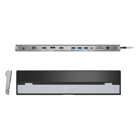 A 7-in-1 multi-port USB-C hub shown from the side and top views on a plain white background. The top view displays various ports including USB-A, USB-C, HDMI, and Ethernet, while the side view shows the front panel with a silver and black design and a small silver accessory piece on the left.