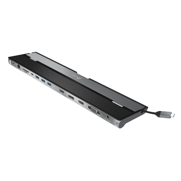 Black and gray USB hub with multiple ports on a white background
