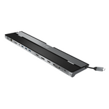 Black and gray USB hub with multiple ports on a white background