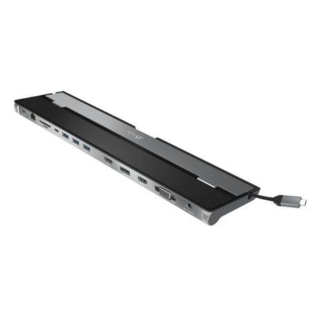 Black and gray USB hub with multiple ports on a white background