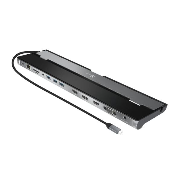 A slim black and silver USB-C hub with multiple ports on one end and a black cable extending from the other, shown on a plain white background.