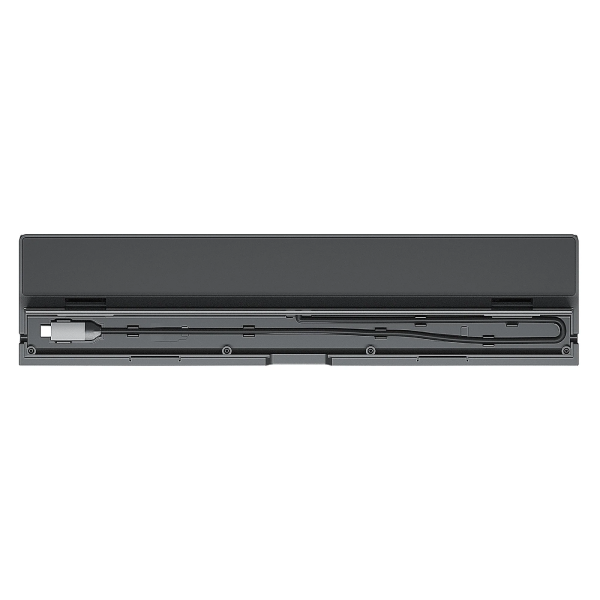 A dark gray rectangular electronic device with a long cable and connector visible inside, shown against a plain white background.