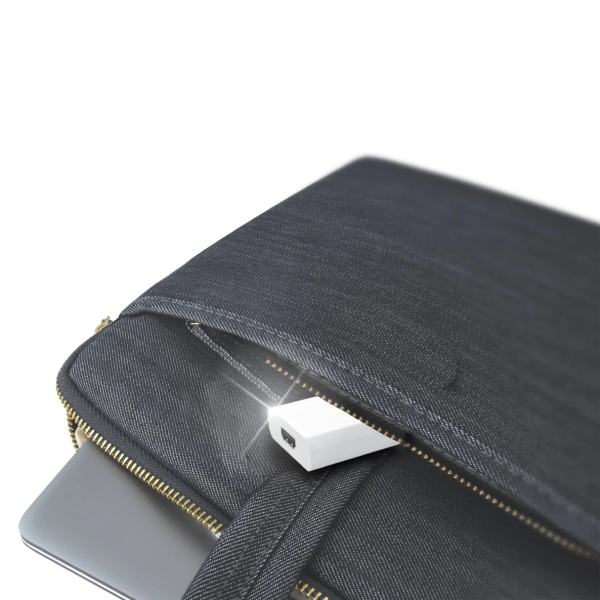 j5create JDA154 DisplayPort to HDMI Adapter Gray laptop sleeve with a USB drive sticking out, on a white background