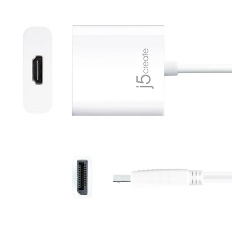 j5create JDA154 DisplayPort to HDMI Adapter White HDMI to USB-C adapter with a white cable, showing the main adapter block, HDMI input port, and USB-C output port on a plain white background. The brand name 'j5create' is printed on the adapter.