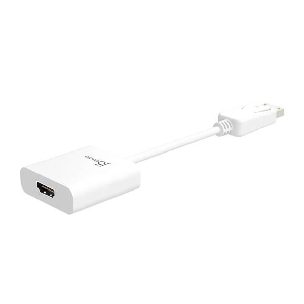 j5create JDA154 DisplayPort to HDMI Adapter A white USB to HDMI adapter cable with a white plastic connector and a white rectangular adapter head featuring a black HDMI port, shown on a plain white background.