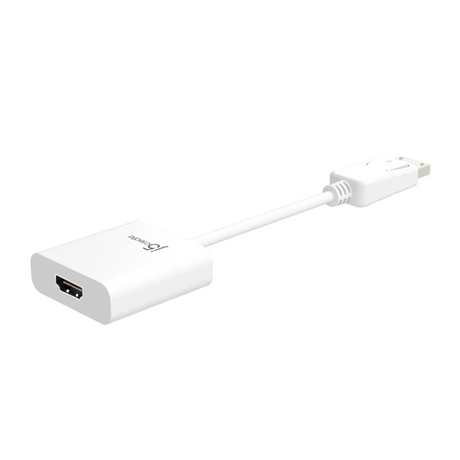 j5create JDA154 DisplayPort to HDMI Adapter A white USB to HDMI adapter cable with a white plastic connector and a white rectangular adapter head featuring a black HDMI port, shown on a plain white background.