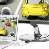 j5create JDA154 DisplayPort to HDMI Adapter Laptop with racing game on screen, yellow car, and computer monitor displaying racing game.