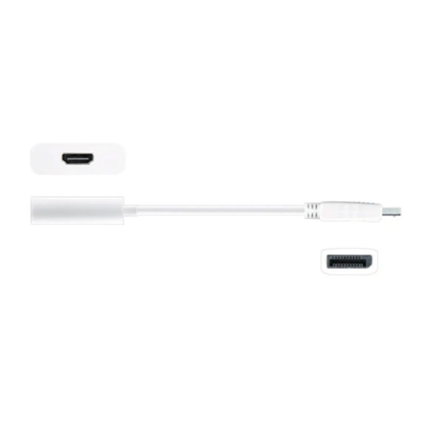 j5create JDA158 DisplayPort to 4K HDMI Active Adapter A white HDMI to USB-C adapter cable with close-up views of both connector ends on a plain white background.