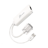 A white J5create USB to serial adapter cable with a white USB connector and a multi-pin serial port connector, shown on a plain white background.