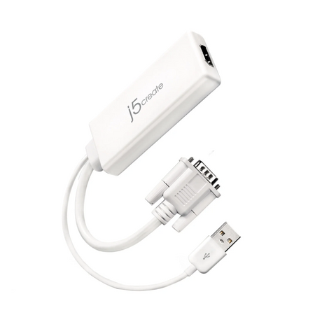 A white J5create USB to serial adapter cable with a white USB connector and a multi-pin serial port connector, shown on a plain white background.