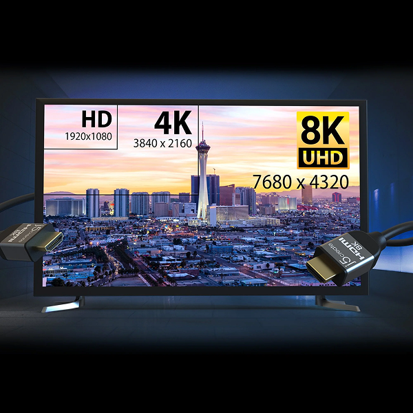 j5create JDC53 UltraHigh-Speed 8K UHD HDMI Cable 6.6ft -DokkanTech A 4K UHD 8K Ultra HD TV shown on a dark studio background, with two HDMI cables in front of the screen displaying resolution text overlays including 1920x1080, 3840 x 2160, and 7680 x 4320.