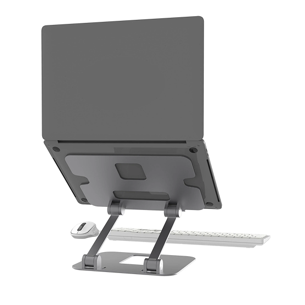 j5create JTS127 Multi-Angle Laptop Stand Designed to fit mostl aptops up to 16 inches - DokkanTech Laptop on a stand with a keyboard and mouse on a white background