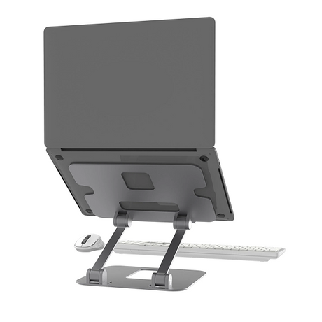 j5create JTS127 Multi-Angle Laptop Stand Designed to fit mostl aptops up to 16 inches - DokkanTech Laptop on a stand with a keyboard and mouse on a white background