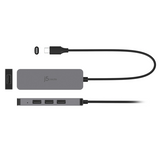 USB-C hub with multiple ports and a cable on a white background