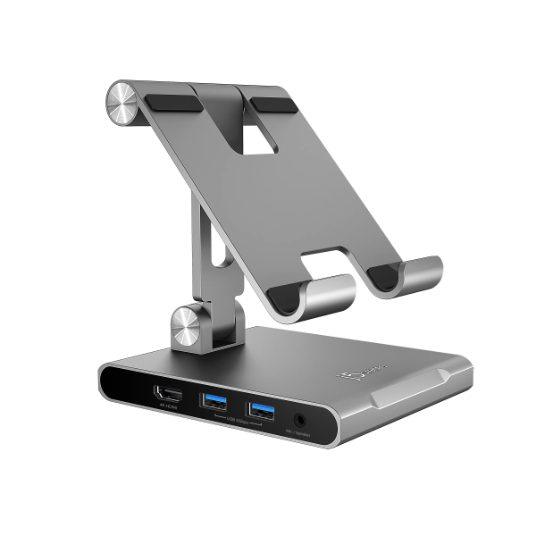 Silver tablet stand with multiple USB ports on a white background