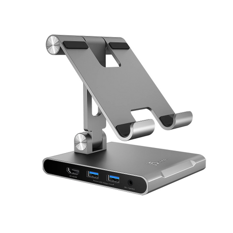 Silver tablet stand with multiple USB ports on a white background