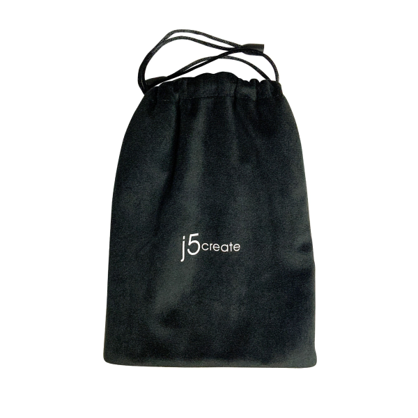 Black drawstring pouch with 'j5 create' branding on a white background