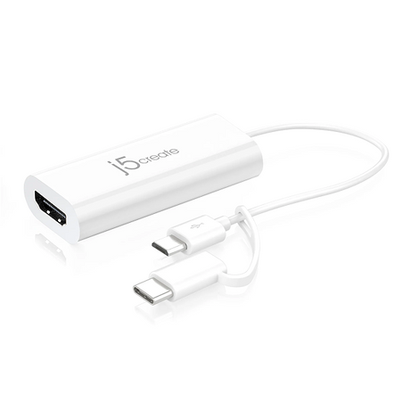 j5create JUA165C Android USB to HDMI Display Adapter - DokkanTech White USB-C adapter with cable on a white background