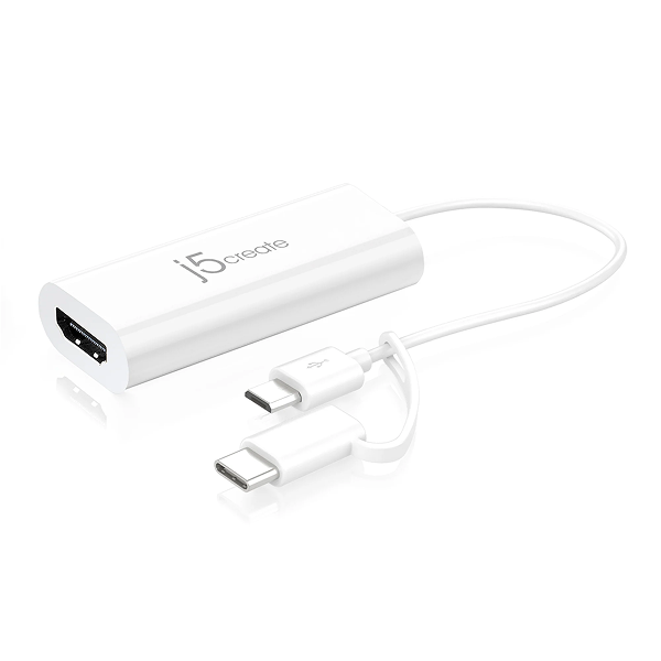 j5create JUA165C Android USB to HDMI Display Adapter - DokkanTech White USB-C adapter with cable on a white background
