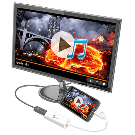 j5create JUA165C Android USB to HDMI Display Adapter - DokkanTech Monitor with smartphone dock displaying a music app interface on a white background