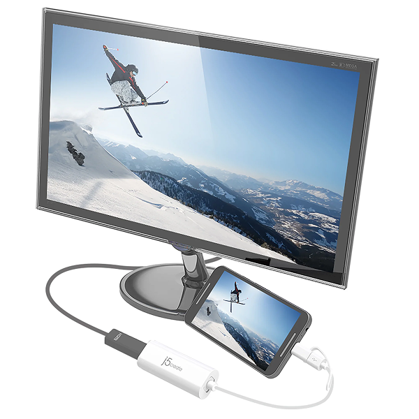 j5create JUA165C Android USB to HDMI Display Adapter - DokkanTech Monitor displaying a skiing scene with a smartphone mirroring the screen on a white background